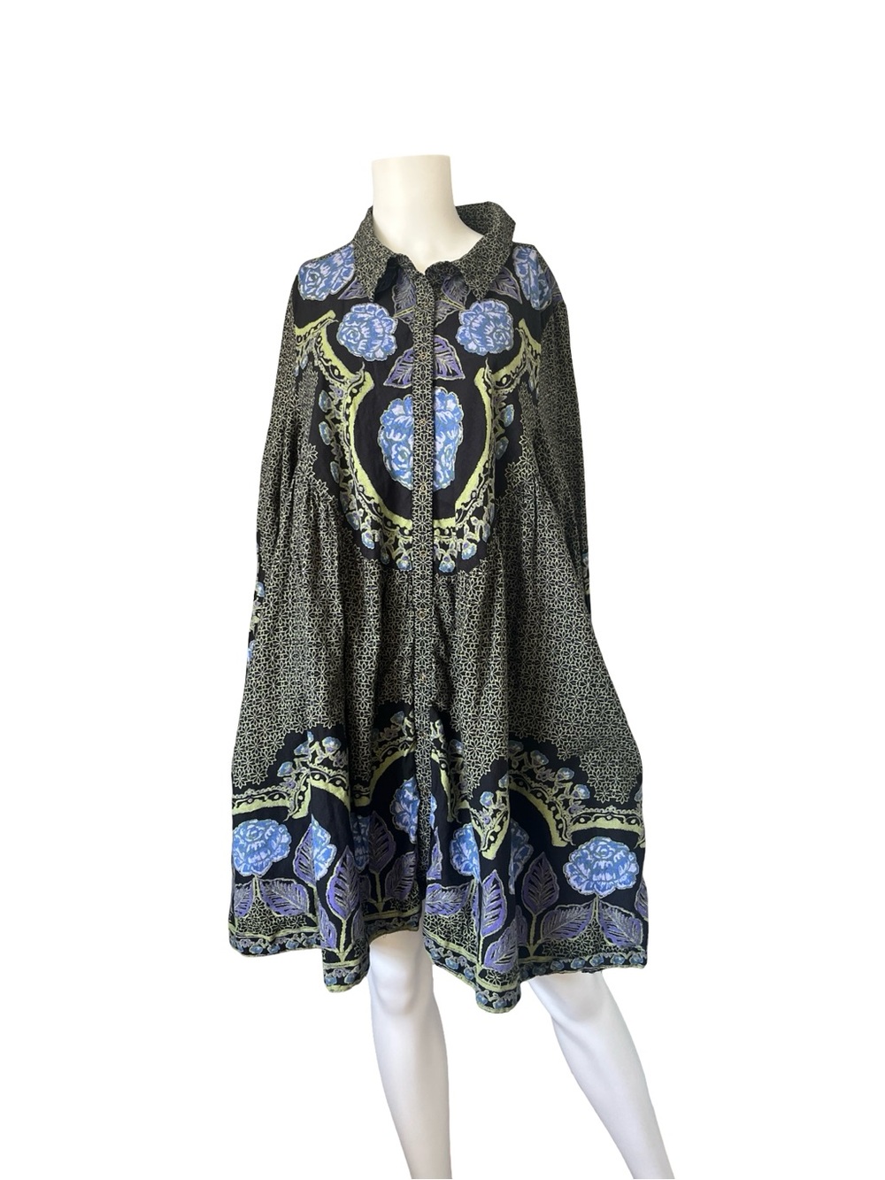 Free People Smell the Roses mini Dress Blue Black Boho Cotton Womens Size XL